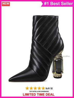 Sparkly Crystal Block High Heel Pointed Toe Ankle Boot Side Zipper Party Dress